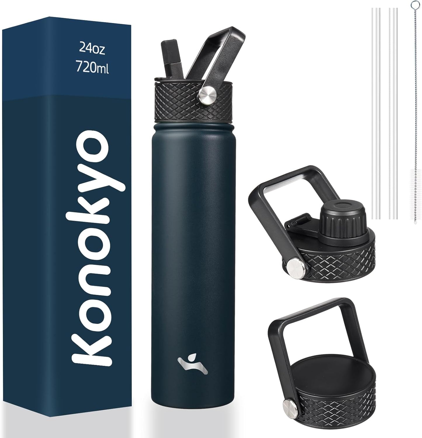 Skiennix Insulated Water Bottle - 24oz Stainless Steel Sport Bottle with 3 Lids | Navy Blue
