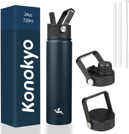Skiennix Insulated Water Bottle - 24oz Stainless Steel Sport Bottle with 3 Lids | Navy Blue