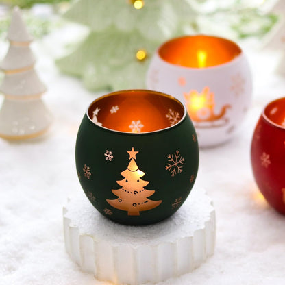 Skiennix Christmas Candle Holders - Set of 4 Frosted Glass Tealight Votives with Holiday Designs | Red, Green, White