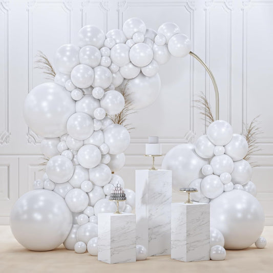 PartyWoo Pearl White Balloons - 145pcs Metallic Latex Balloon Arch Kit for Weddings & Celebrations | 5-12 Inch Sizes