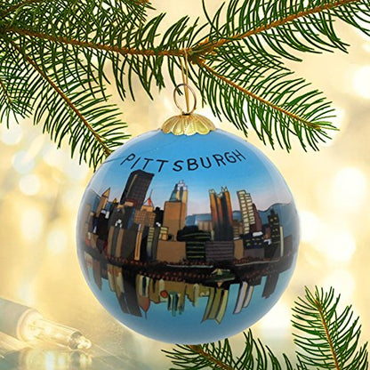 Pittsburgh Skyline Hand Painted Glass Christmas Ornament - Art Studio, Gift Box Included