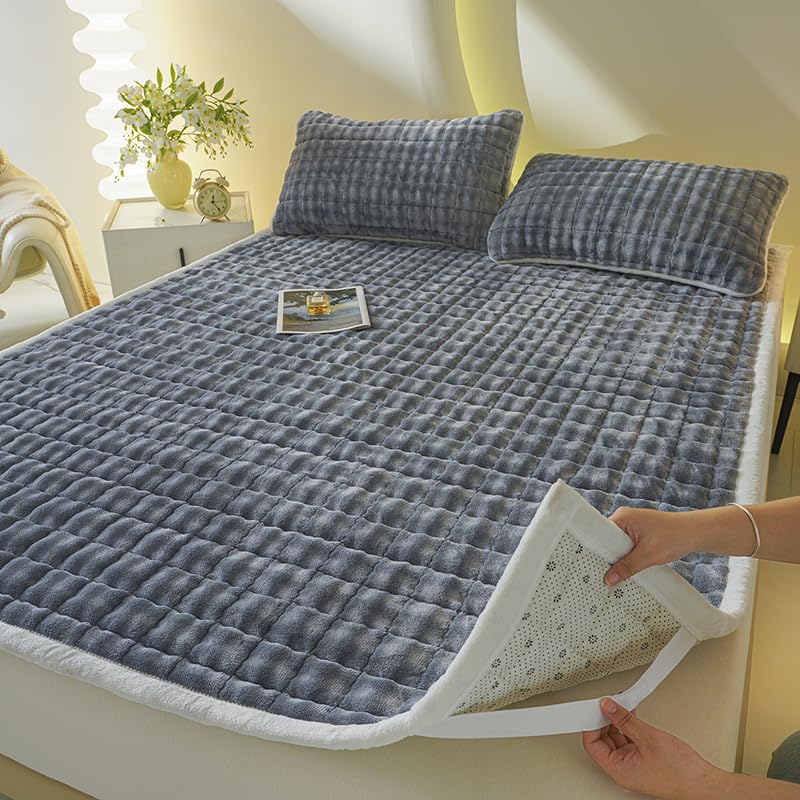 Light Gray Plush Mattress Pad with Pillowcase Set - Full Size Cloud-Like Topper