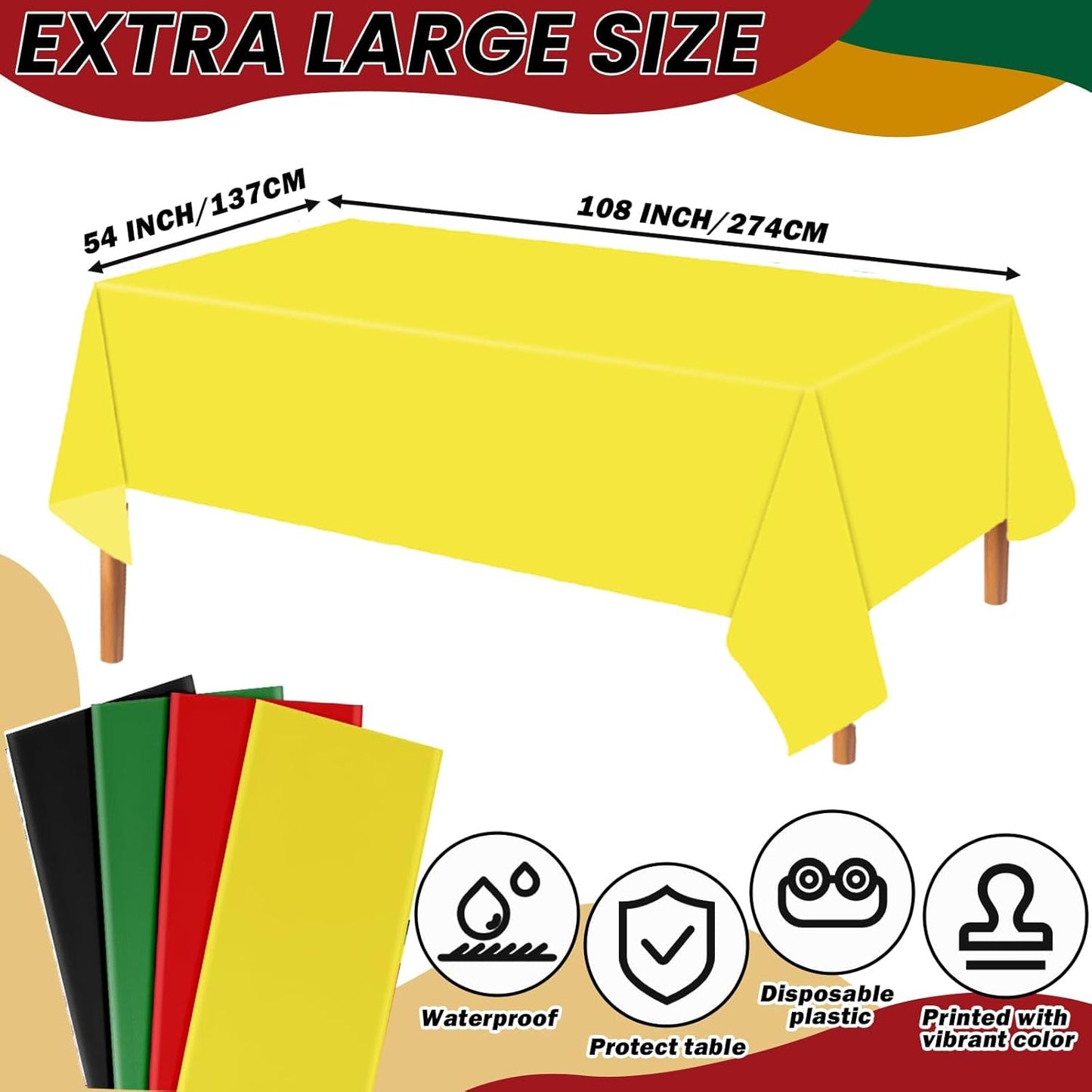 Regine Switzerland 12-Piece Disposable Tablecloth Set - Rectangular Party Covers in Red, Black, Green & Yellow (54x108 Inch)
