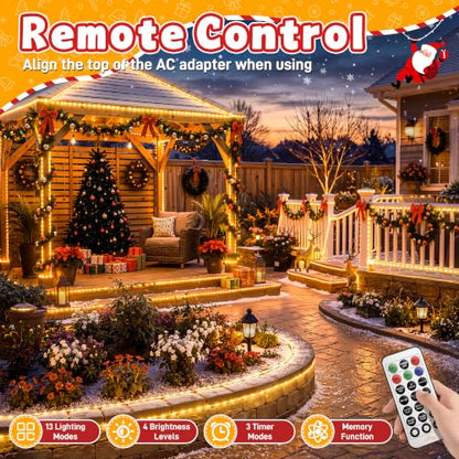 Outdoor Christmas Rope Lights 50FT 300 LED Warm White with Remote & Modes