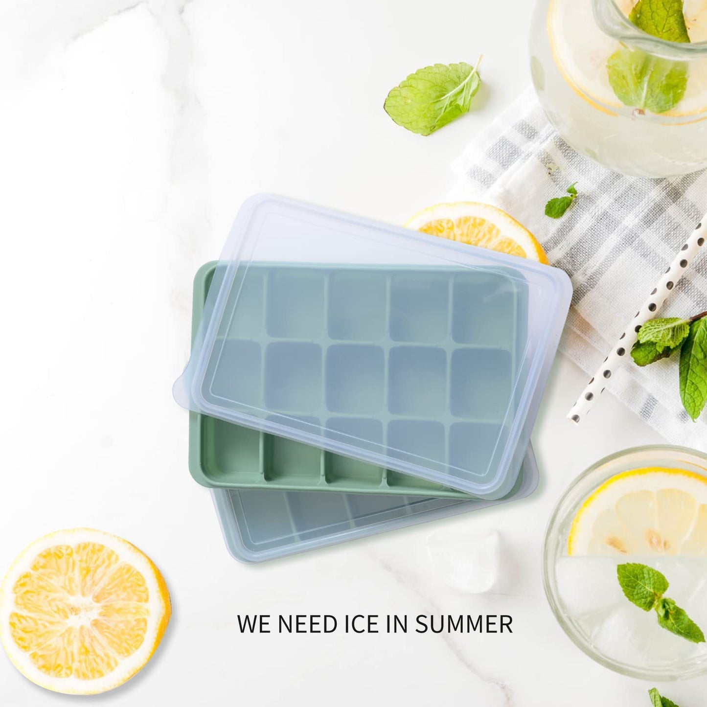 Ice Cube Trays Set of 2, Easy Release 15 Flexible Silicone Ice Cube Molds with Removable Lid Reusable Freezer Ice Trays Stackable for Whiskey, Baby Food, BPA Free (BAMBOO GREEN)