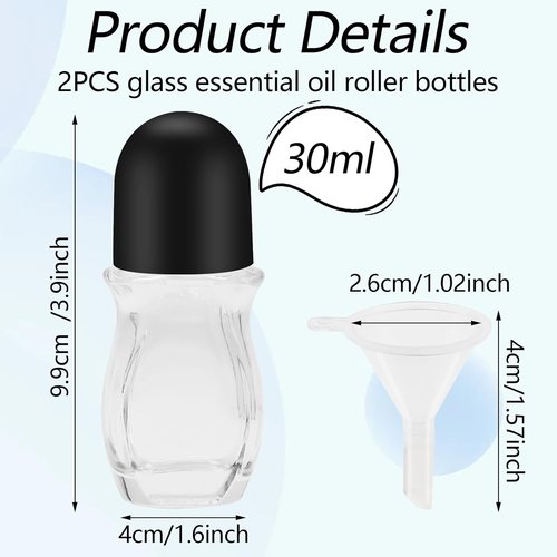 Empty Glass Roller Bottles 2 Pcs Black Clear Empty Glass Essential Oil Roller Bottles Empty Refillable Roll on Glass Bottles with Refillable Containers Tools and Accessories (30ML)