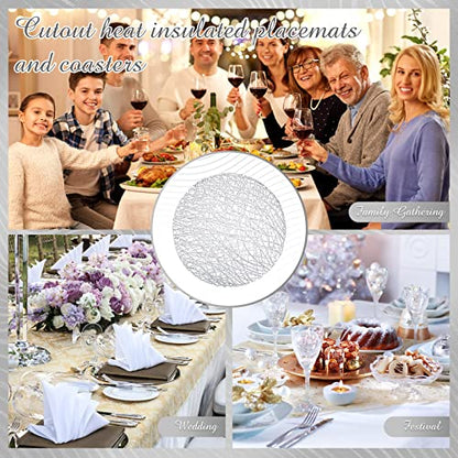 Silver Round Placemats 15 Inch Vinyl Set of 12 - Hollow Out Design