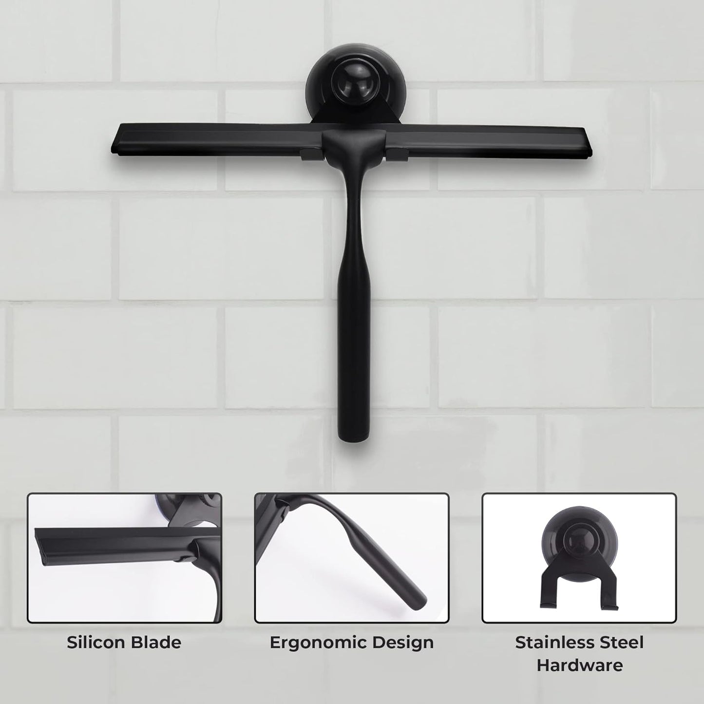 Skiennix Matte Black Shower Squeegee - 10 Inch Glass Cleaner Tool with Adhesive Hooks for Bathroom & Car