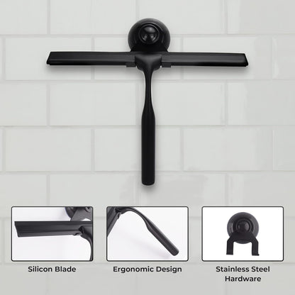 Skiennix Matte Black Shower Squeegee - 10 Inch Glass Cleaner Tool with Adhesive Hooks for Bathroom & Car
