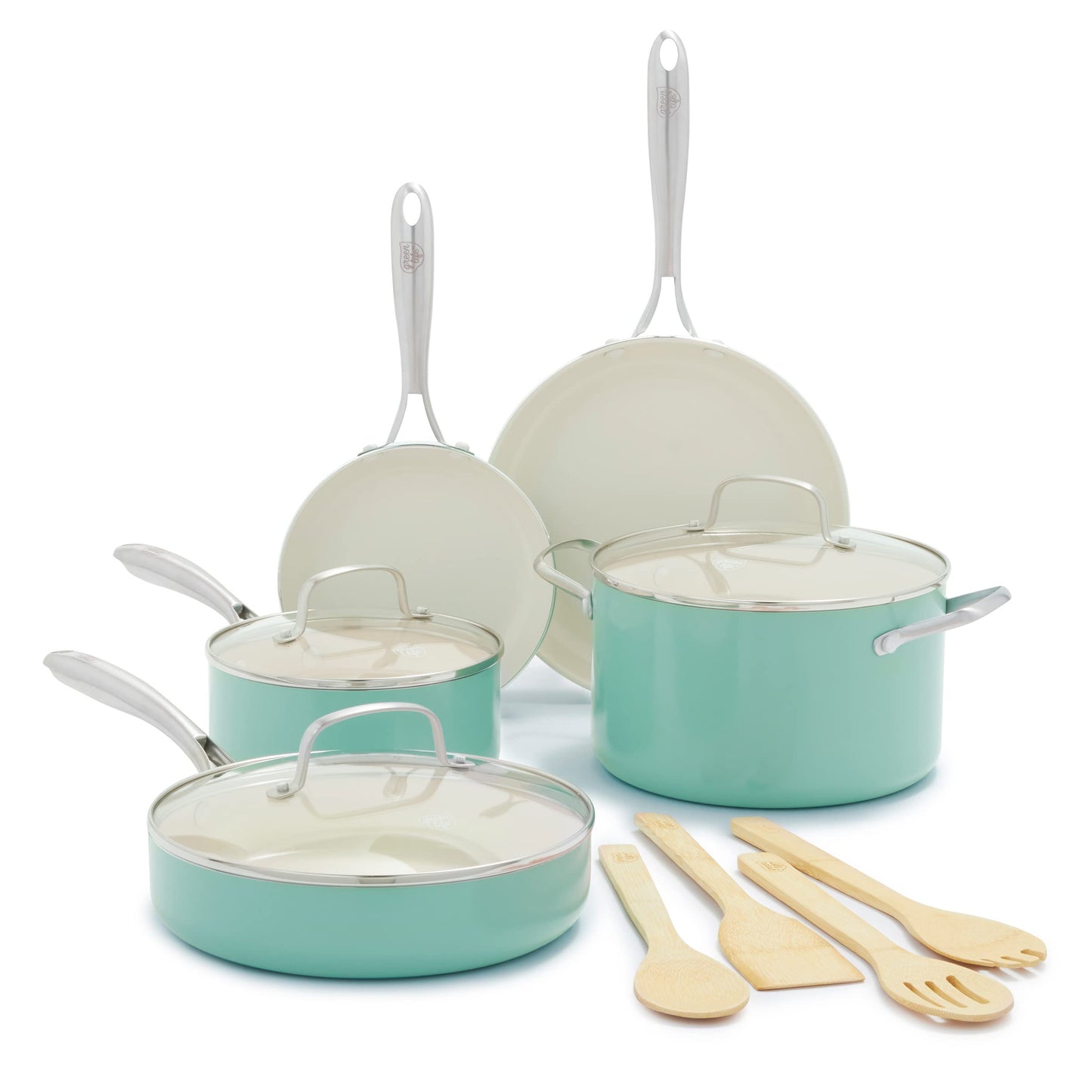 GreenLife Artisan Healthy Ceramic Nonstick, 12 Piece Cookware Pots and Pans Set, Stainless Steel Handle, Induction, PFAS-Free, Dishwasher Safe, Oven Safe, Turquoise