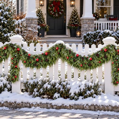 6Ft Artificial Christmas Garland with Pine Cones & Red Balls - Indoor Outdoor Decor