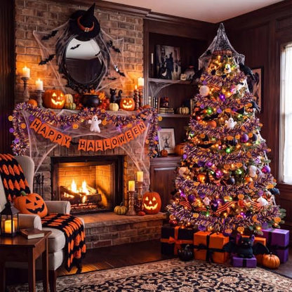 Halloween Garland Glitter Tinsel 100ft for Decoration - Orange Purple Black