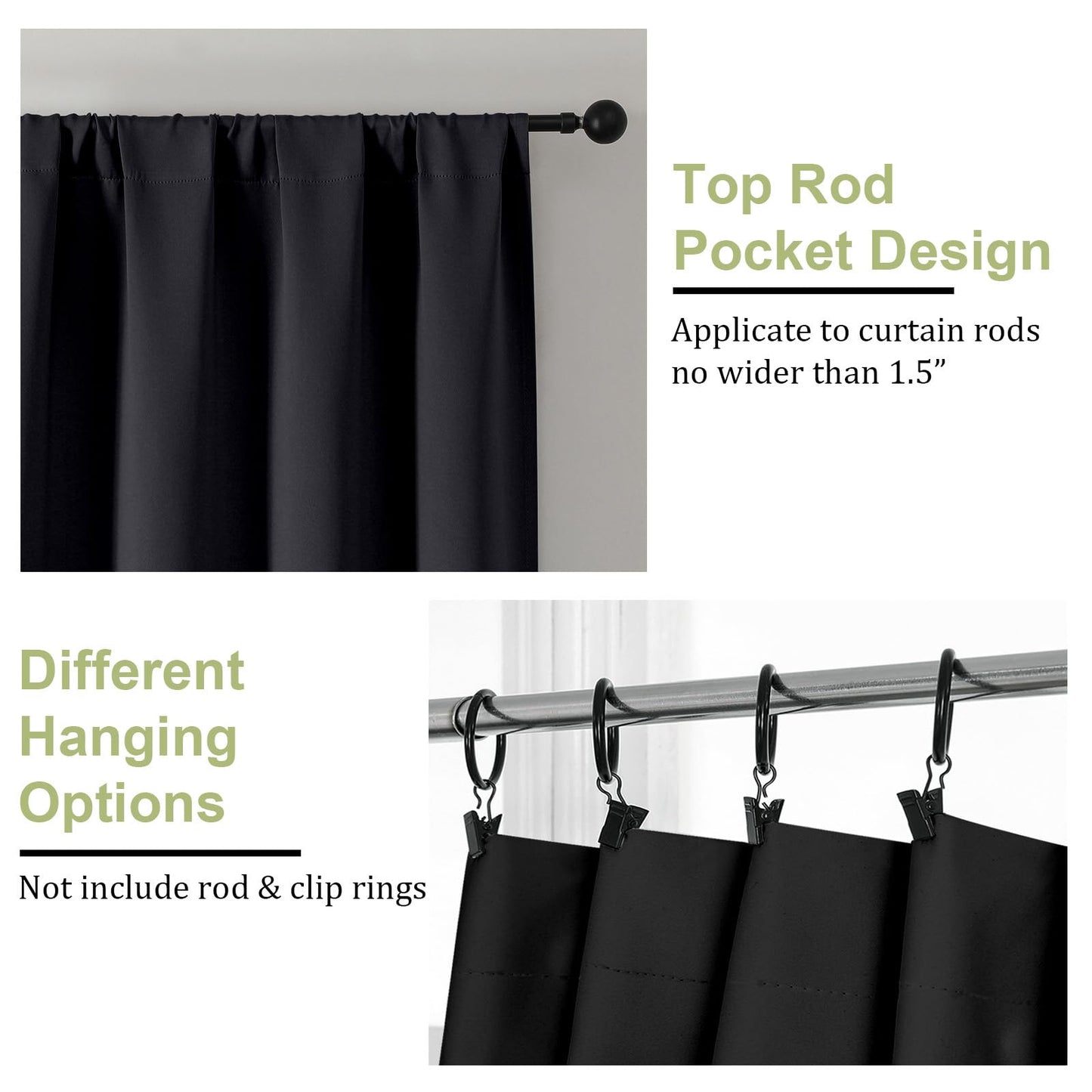 OWENIE Sally Blackout Curtains for Bedroom 63 Inch Length 2 Panels Set, Solid Thermal Insulated Room Darkening Rod Pocket Privacy Window Treatment Curtains Blackout Drapes, W40 x L63 Inch, Black