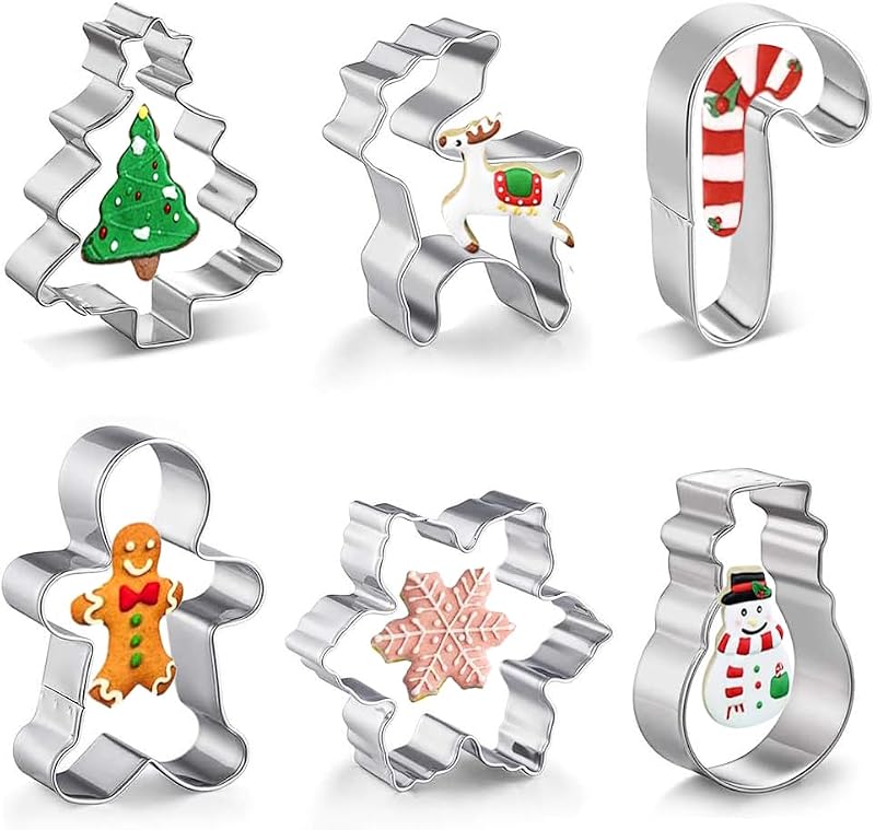 6Pcs Christmas Cookie Cutter Set - Stainless Steel Snowflake, Tree, Reindeer, Candy Cane, Gingerbread Man, Snowman (Variation: Christmas)
