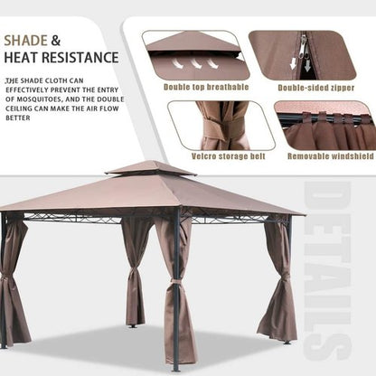 FDW 10'x13' Outdoor Patio Gazebo - Heavy Duty Steel Frame Canopy with Double Roof & Privacy Curtains | Brown