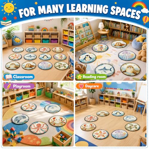 12Pcs Classroom Carpet Seats - Marine Animals Round Floor Mats for Kids