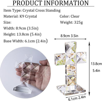 QFkris Crystal Standing Cross - 5'' Tall Clear Glass Tabletop Figurine | Christian Decor Gift