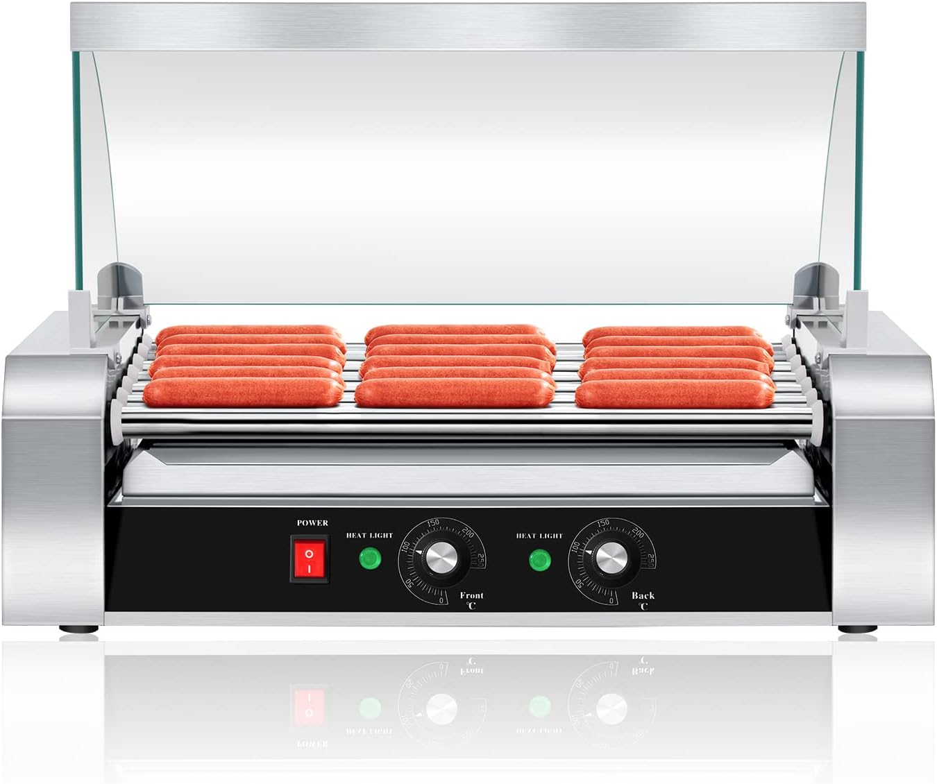 SYBO Hot Dog Roller - 18 Capacity, Non-Stick Stainless Steel, Detachable Glass Cover, 1000 Watts