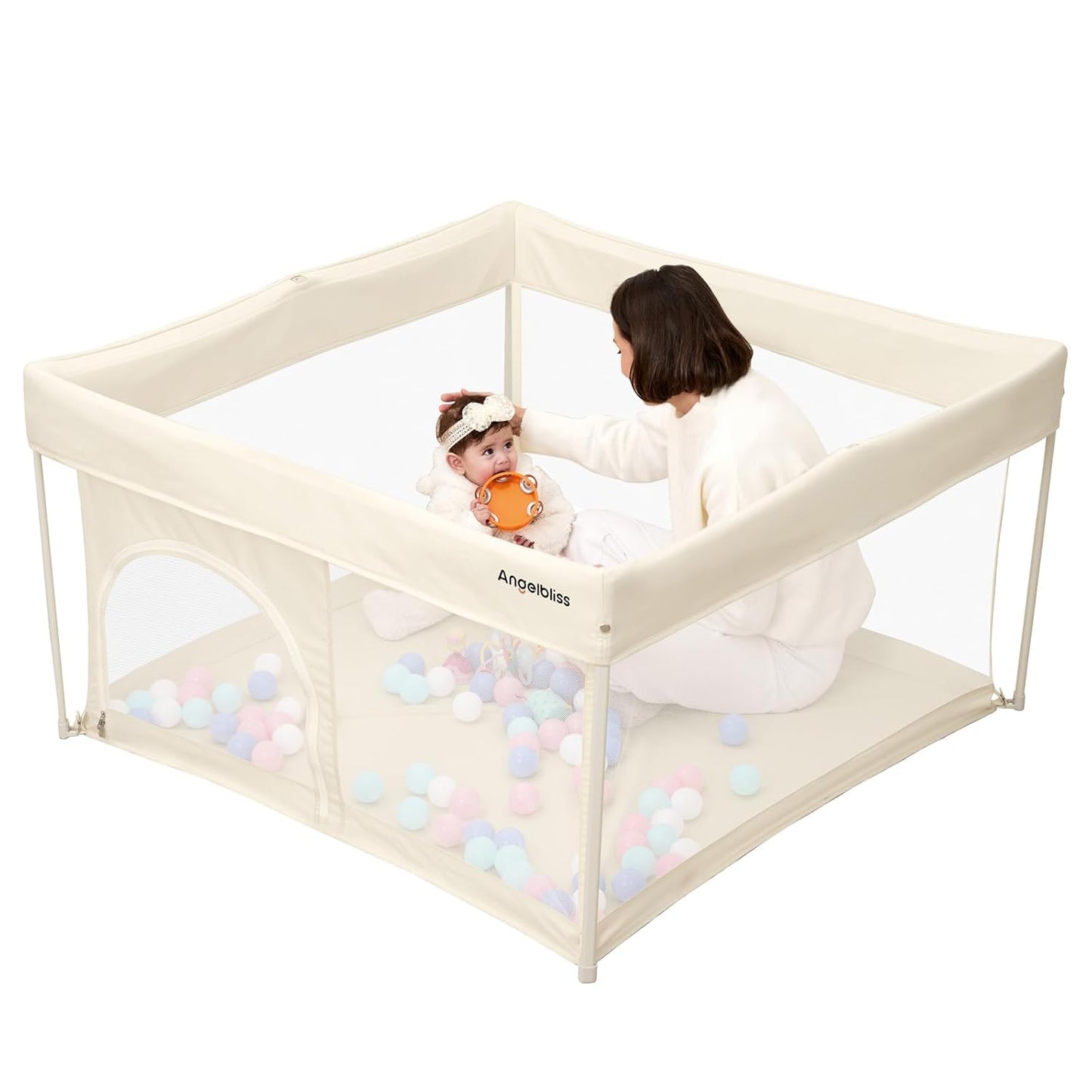 Regine Switzerland Foldable Baby Playpen - Portable 50"×50" Play Yard with Breathable Mesh & ASTM F406 Certified (Beige)