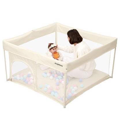 Regine Switzerland Foldable Baby Playpen - Portable 50"×50" Play Yard with Breathable Mesh & ASTM F406 Certified (Beige)