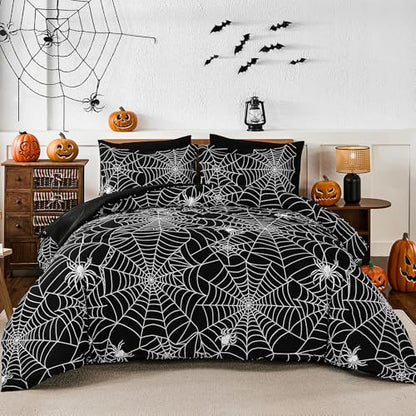 Halloween Comforter Set Queen Size Bed in a Bag with Spider Web Pattern