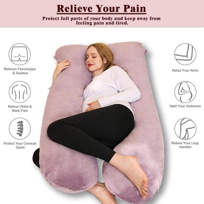 Chilling Home U-Shape Pregnancy Pillow - 55in Velvet Maternity Body Pillow in Pink for Comfortable Sleep