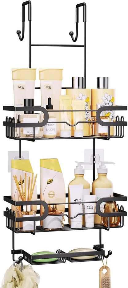 SWTYMIKI Over The Door Shower Caddy - Hanging Organizer with Double Soap Holder & 16 Hooks | Black