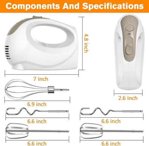 Hand Mixer - Skiennix 5-Speed Electric Kitchen Mixer with 5 Stainless Steel Accessories | Ivory