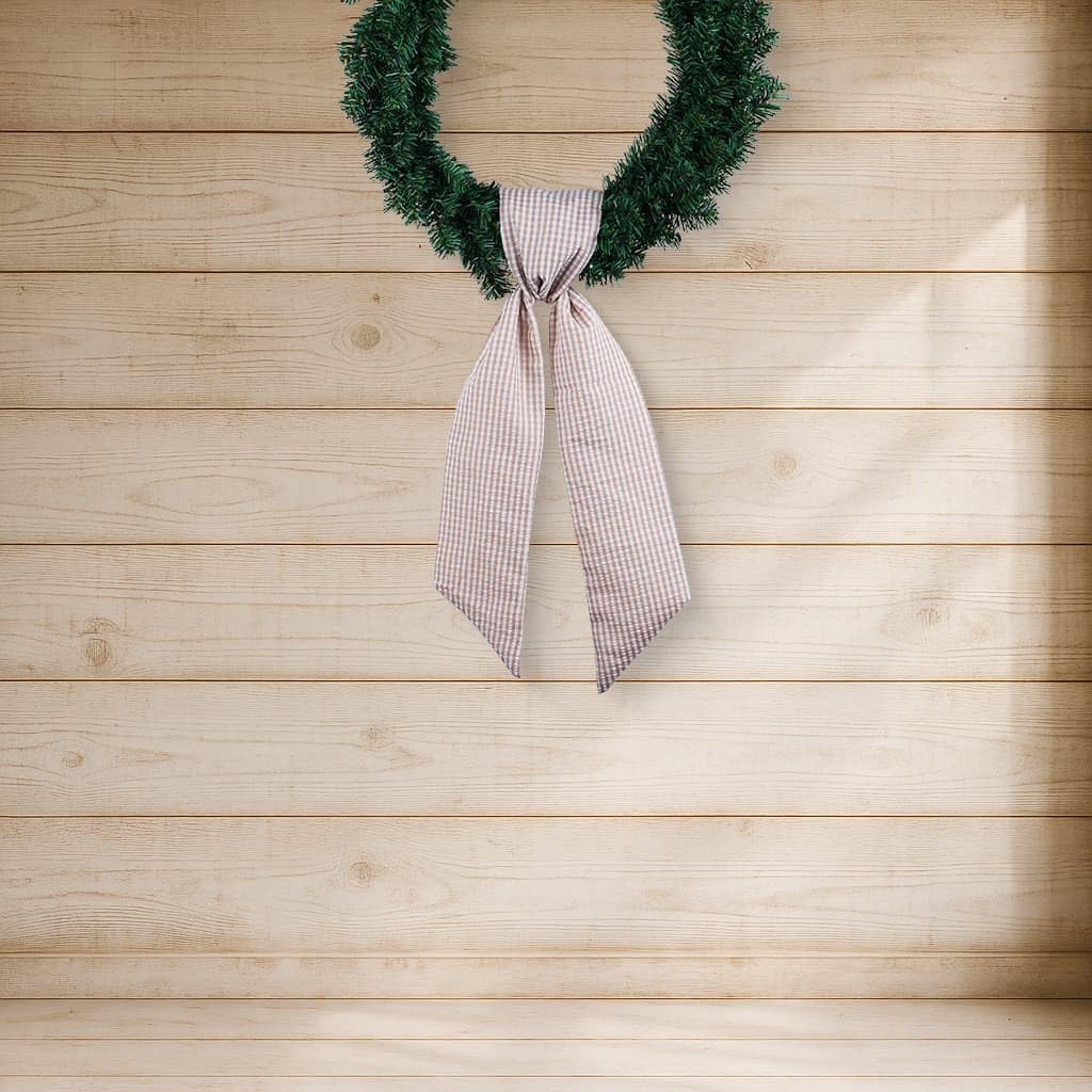 Regine Switzerland Beige White Gingham Wreath Sash - 5.12" Wide x 54.33" for Fall & Thanksgiving Decor