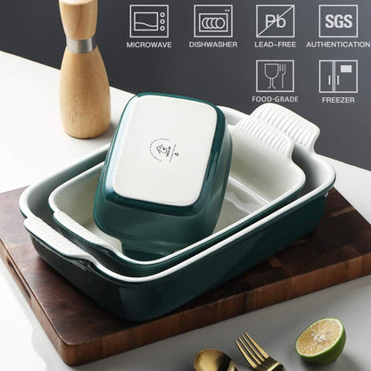 Sweejar Baking Pans Set - Durable Ceramic 9x13 Baking Dish with Handle | 3-Piece Casserole Bakeware Set in Jade