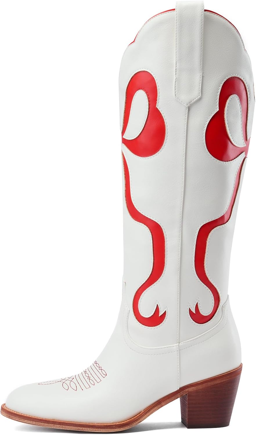 Skiennix Women's White Cowgirl Boots - Knee High, Almond Round Toe, Chunky Heel, Embroidered Design