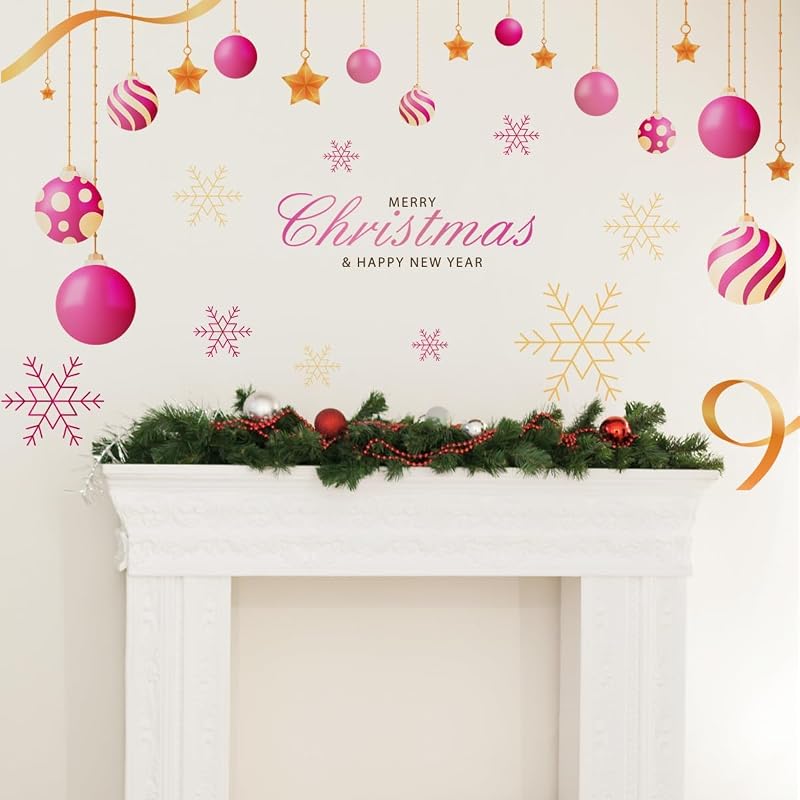 Pink Christmas Wall Decals - 47.24 x 31.49 in with Light Balls & Snowflakes, Removable Art Decor (Variation: Pink Christmas-2)