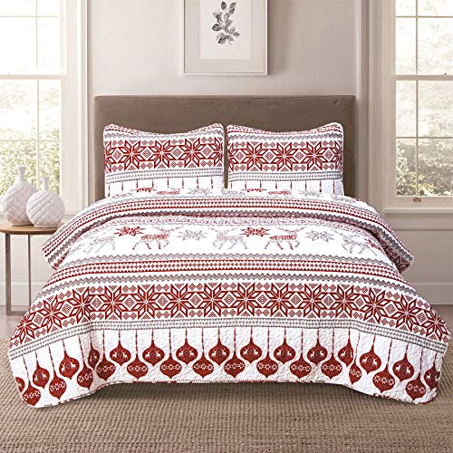 Fair Isle Holiday King Quilt Set - Nordic Snowflakes Reindeer Bedding