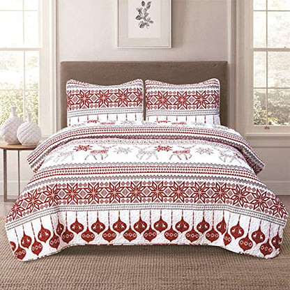 Fair Isle Holiday King Quilt Set - Nordic Snowflakes Reindeer Bedding