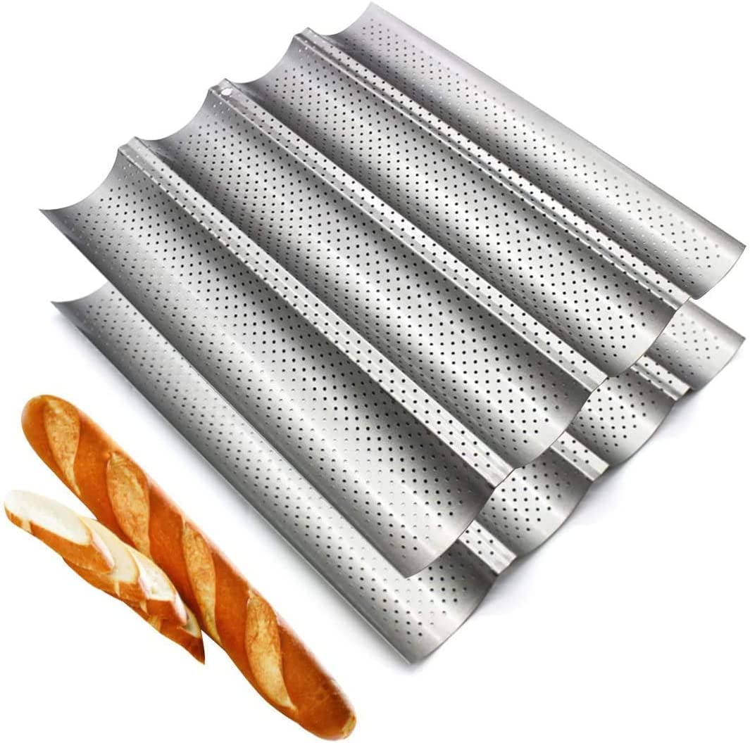 Fasmov 2 Pack Baguette Pan, 15" x 13"French Bread Baking Pan Nonstick Perforated Baguette Pan 4 Wave Loaves Loaf Bake Mold Toast Cooking Bakers Molding, Silver