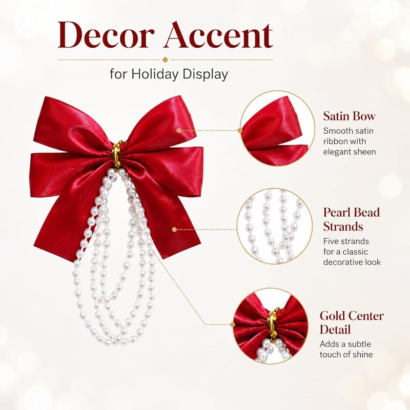 Pearl-Trimmed Red Satin Christmas Ornament Bow Set, 12 Pieces