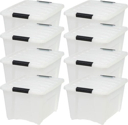 IRIS USA Stackable Storage Bins - 32 Quart Plastic Containers with Latching Lids | 8 Pack, Pearl Color
