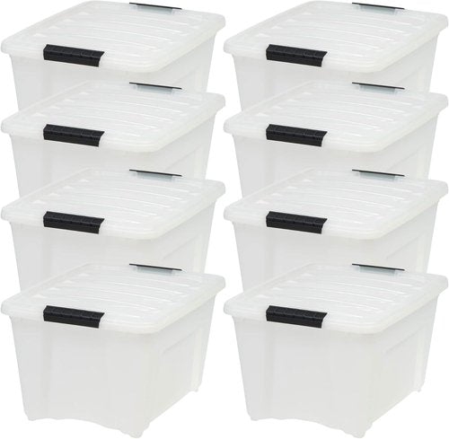 IRIS USA Stackable Storage Bins - 32 Quart Plastic Containers with Latching Lids | 8 Pack, Pearl Color