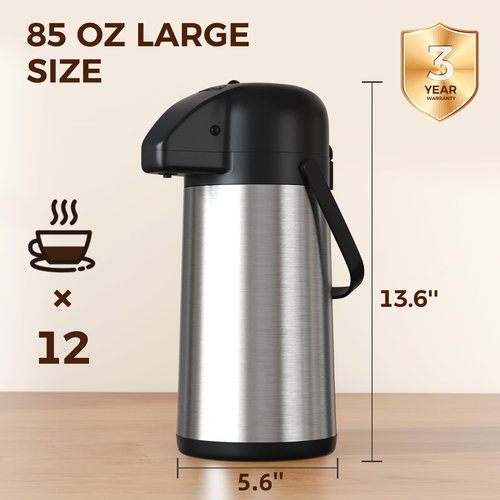 Coffee Carafe for Keeping Hot - 85OZ / 2.5L Airpot Coffee Dispenser with Pump - Large Coffee Thermos for Hot Drinks Tea Liquid - Insulated Stainless Steel Hot Water Beverage Dispenser Urn for Parties
