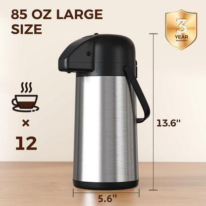 Coffee Carafe for Keeping Hot - 85OZ / 2.5L Airpot Coffee Dispenser with Pump - Large Coffee Thermos for Hot Drinks Tea Liquid - Insulated Stainless Steel Hot Water Beverage Dispenser Urn for Parties