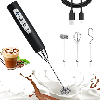 Nahida Black Milk Frother - Handheld Electric Whisk with 3 Speed Settings & 3 Heads for Lattes, Cappuccinos & More