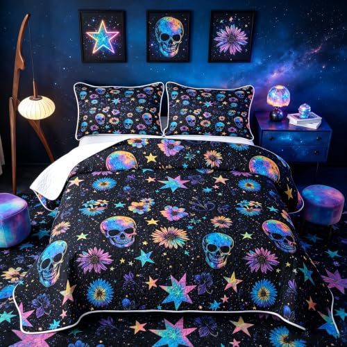 Halloween Skull Neon Glow Quilt Bedspread Set for Kids & Teens - Black Blue Pink, King Size