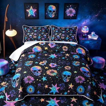 Halloween Skull Neon Glow Quilt Bedspread Set for Kids & Teens - Black Blue Pink, King Size
