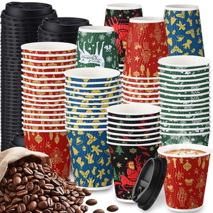 Christmas Coffee Cups with Lids 12 oz Ripple Wall Warm - 100 Pack