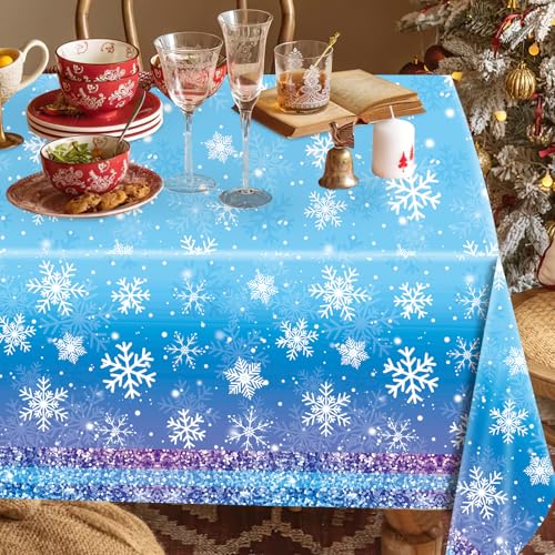 Babudeer 4 Pack Snowflake Plastic Tablecloths - Blue & Purple, 54x108 Inch, Frozen Party Decorations, Striped Edge