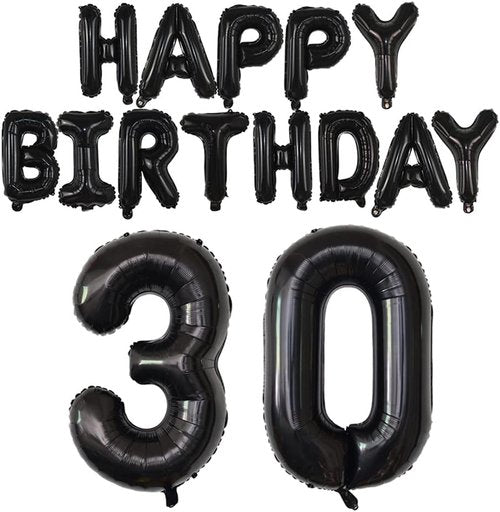 Happy Birthday Balloon Banner - 40-Inch Black Foil Mylar Balloons with 30-Inch Letters for 30th Birthday Party