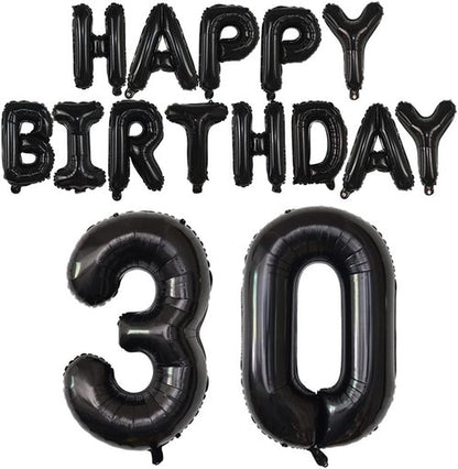 Happy Birthday Balloon Banner - 40-Inch Black Foil Mylar Balloons with 30-Inch Letters for 30th Birthday Party