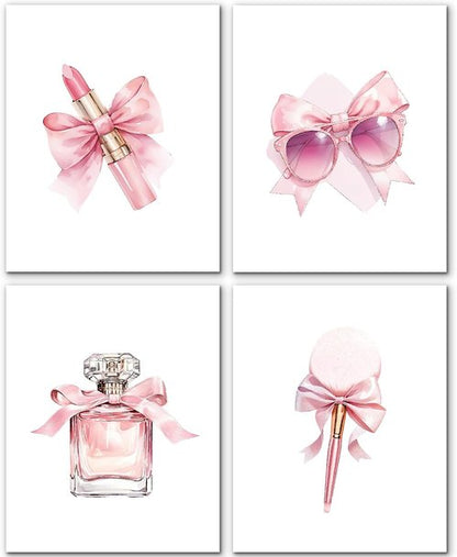 JINYO Coquette Pink Bow Wall Art Prints - Set of 4 Preppy Girly Decor for Girls' Room | 8x10 Unframed