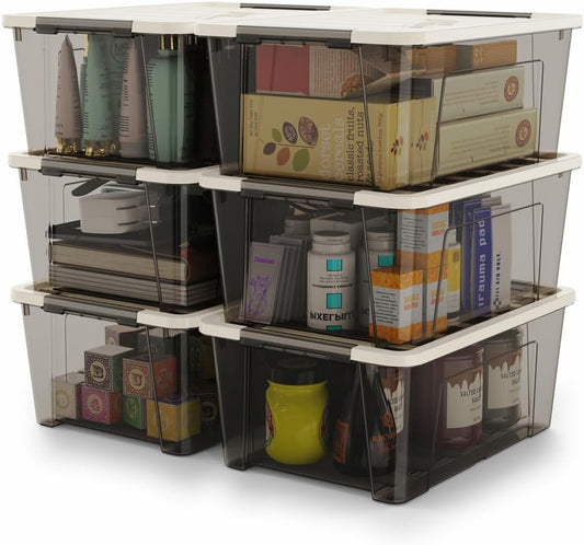 WYT 5-Quart Clear Plastic Storage Container Bin - Durable Stackable Design with Khaki Lid | 6-Pack