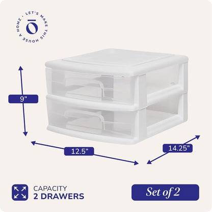 HOMZ 2-Pack Storage Cart - Clear Plastic Drawers, 14.25" Wide, White Frame | Versatile Organizing Solution for Home & Office